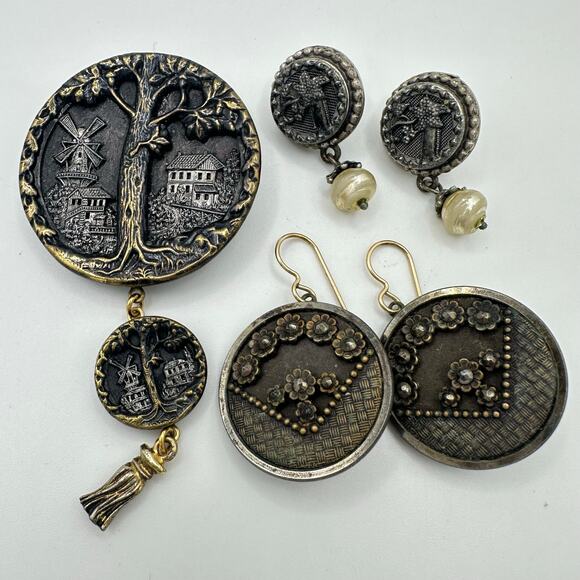Bundle lot antique Victorian pictorial buttons upcycled brooch 2 pair earrings - Picture 1 of 9